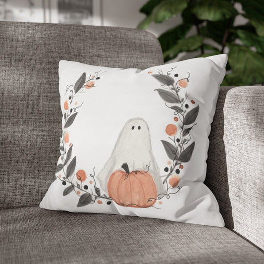 Halloween Watercolor Ghost Wreath Square Poly Canvas Pillow Cover - Pillow Not Included -