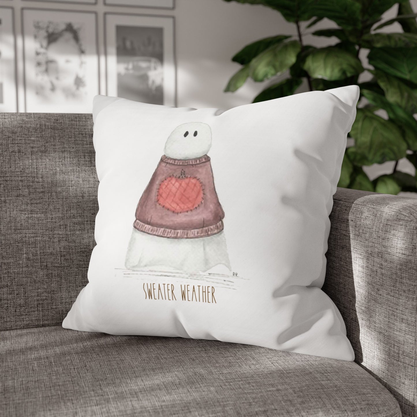 Fall Watercolor Sweater Weather Ghost Square Poly Canvas Pillow Cover - Pillow Not Included -