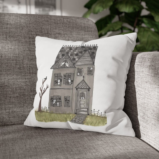 Halloween Watercolor Haunted House Square Poly Canvas Pillow Cover - Pillow Not Included -