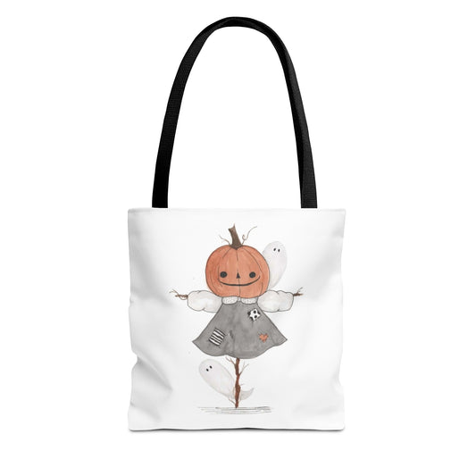 Halloween Watercolor Pumpkin Girl Scarecrow Tote Bag