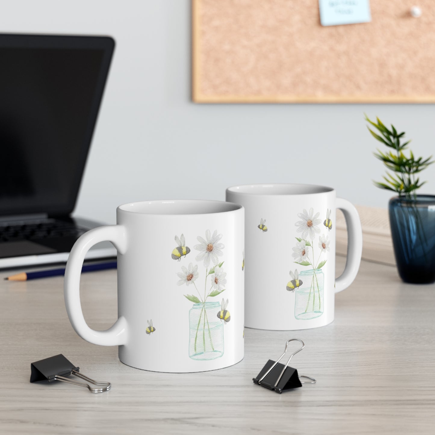 Watercolor Daisies and Bees Mug 11oz