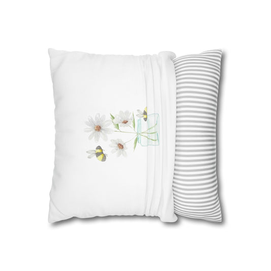 Watercolor Daisies and Bees Square Poly Canvas Pillowcase