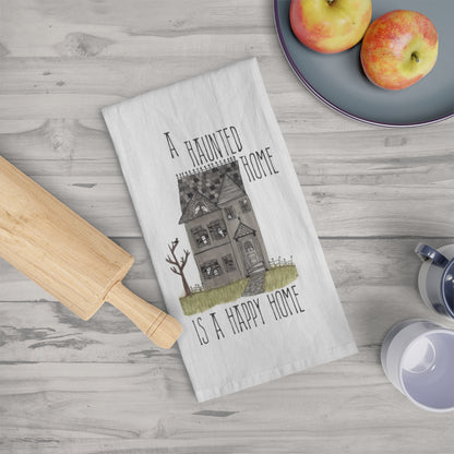 Watercolor "A Haunted Home is a Happy Home" Haunted House Tea Towel