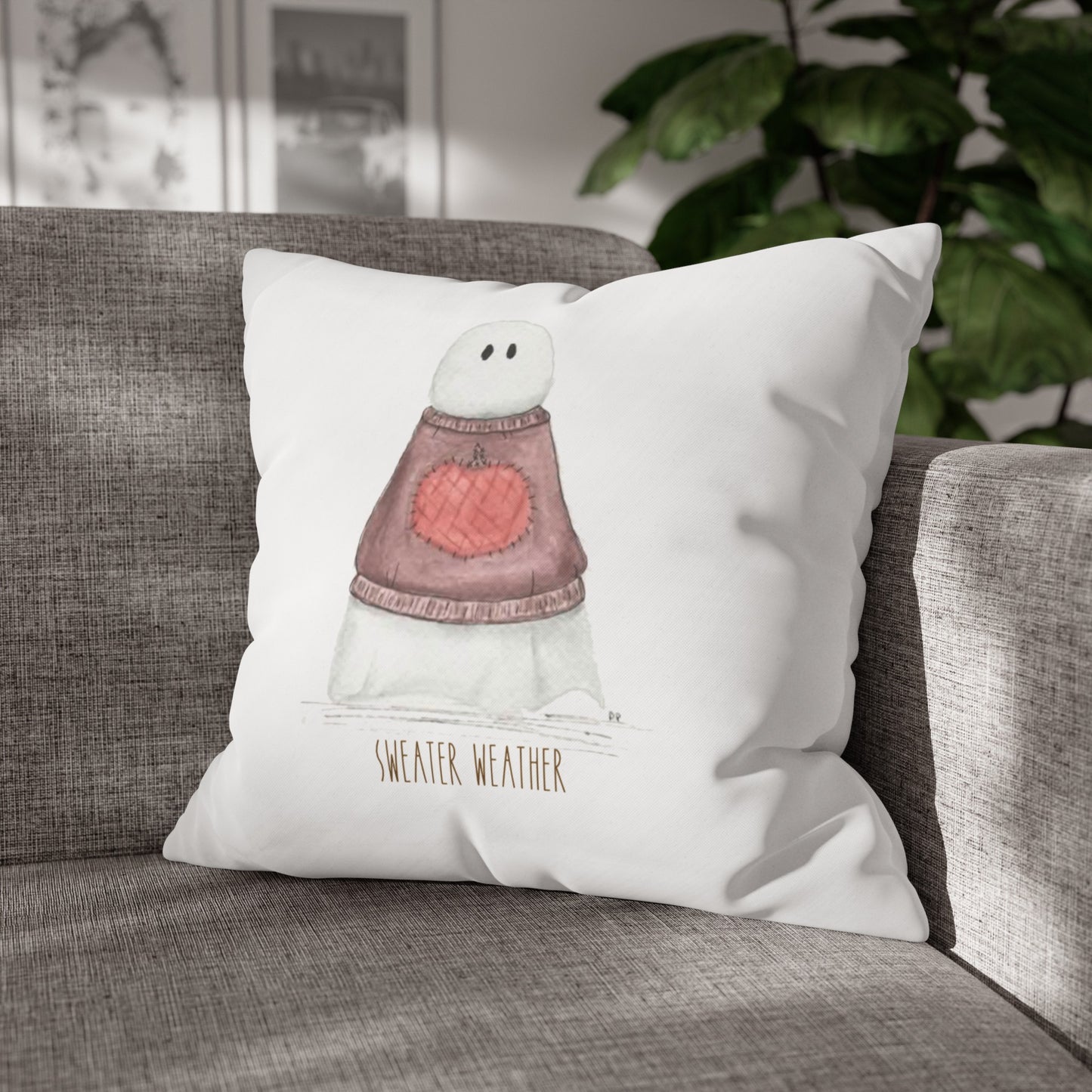 Fall Watercolor Sweater Weather Ghost Square Poly Canvas Pillow Cover - Pillow Not Included -