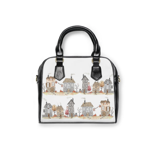 Watercolor Halloween Village Shoulder Handbag