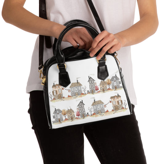 Watercolor Halloween Village Shoulder Handbag