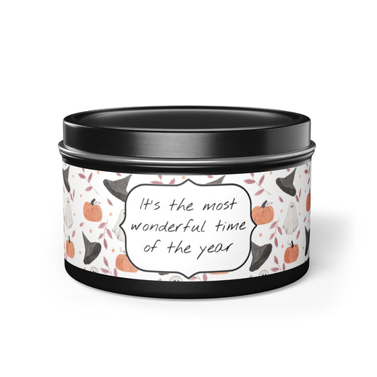 Halloween Watercolor Pattern "Most Wonderful Time of the Year" Tin Candles