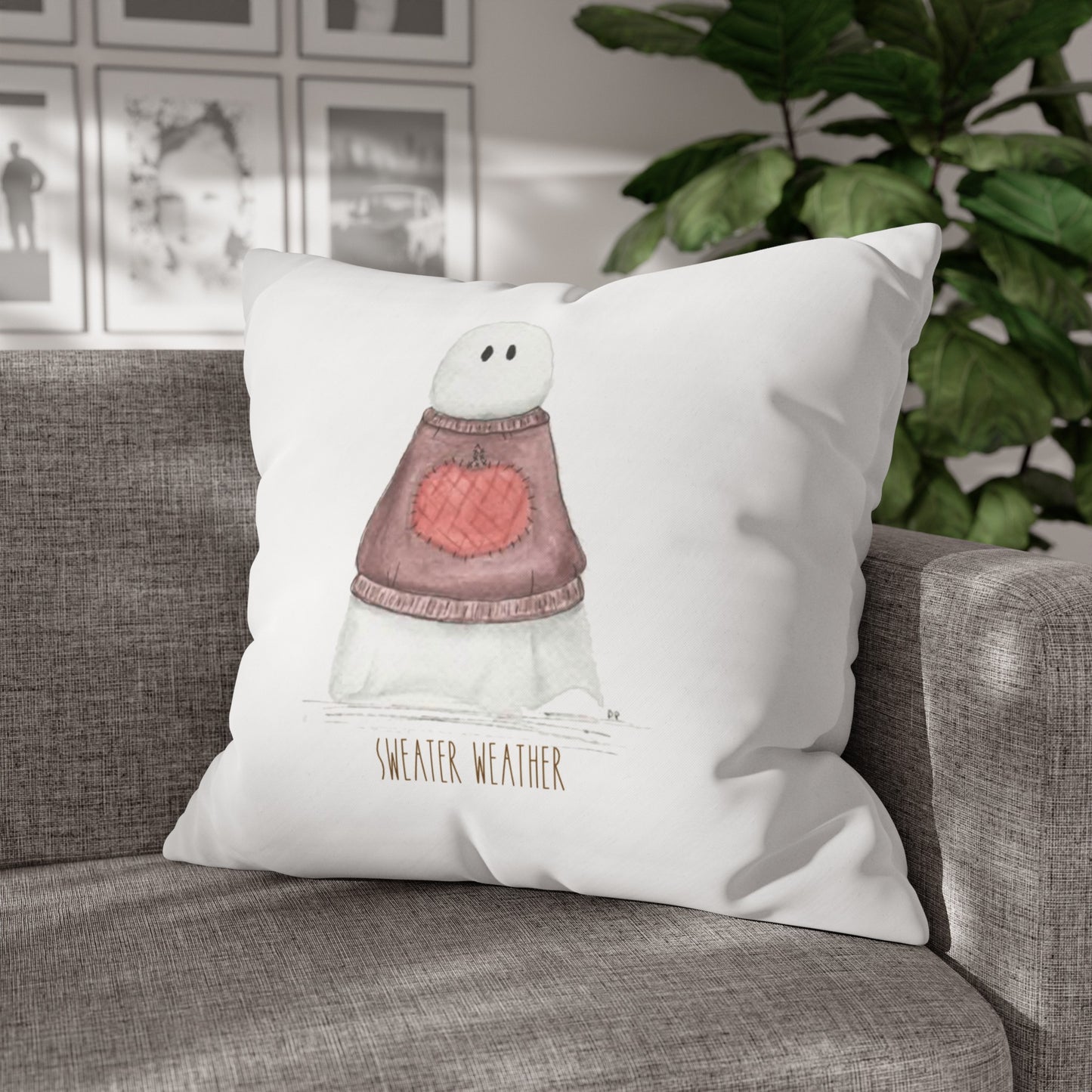 Fall Watercolor Sweater Weather Ghost Square Poly Canvas Pillow Cover - Pillow Not Included -