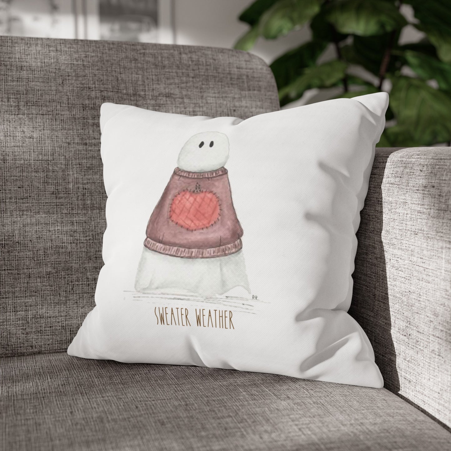 Fall Watercolor Sweater Weather Ghost Square Poly Canvas Pillow Cover - Pillow Not Included -