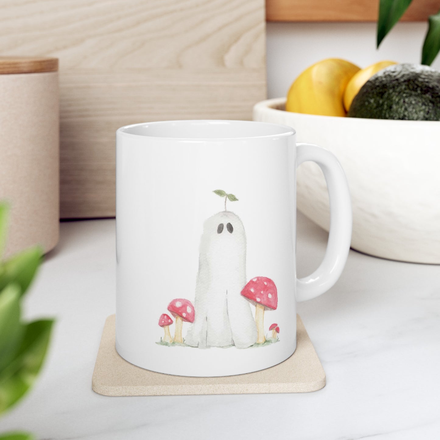 Watercolor Mushroom Ghost Ceramic Mug, 11oz