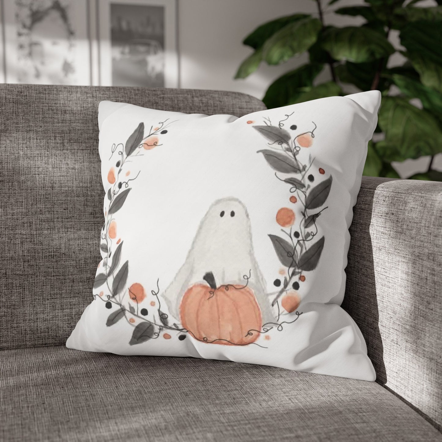 Halloween Watercolor Ghost Wreath Square Poly Canvas Pillow Cover - Pillow Not Included -