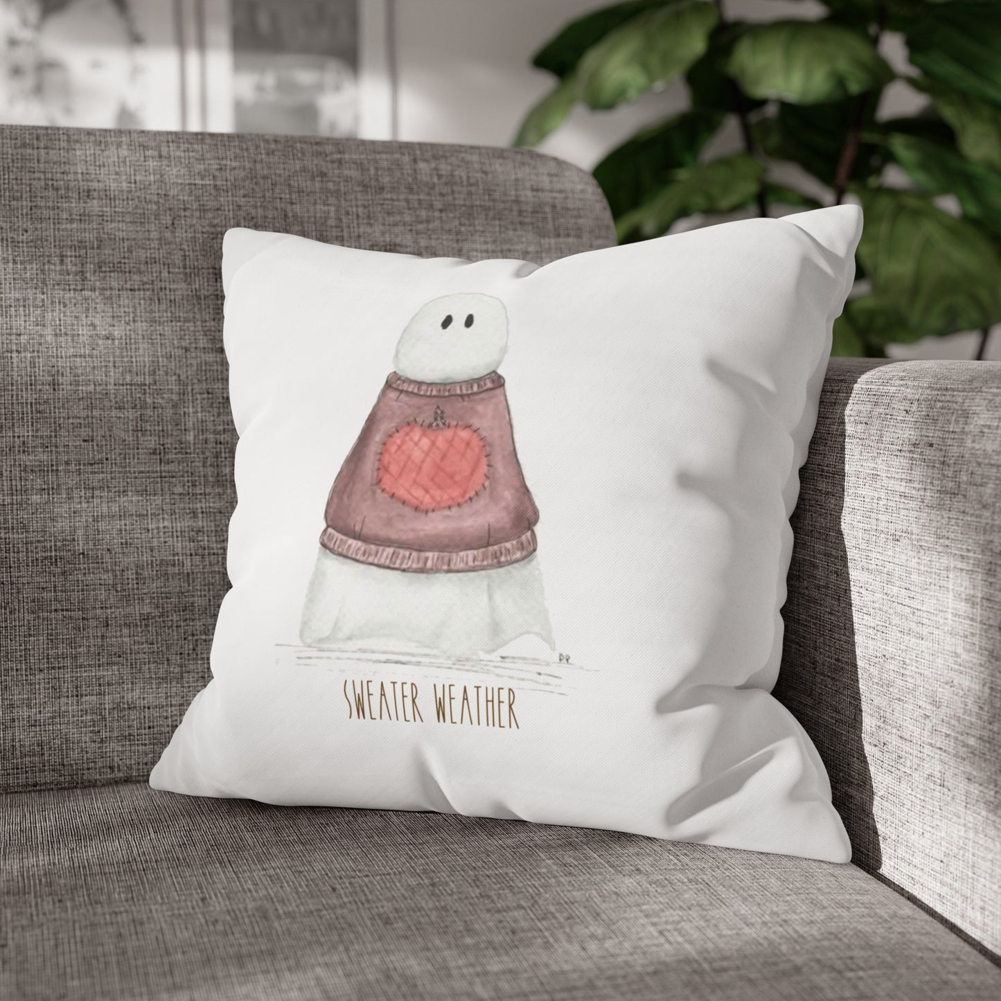 Fall Watercolor Sweater Weather Ghost Square Poly Canvas Pillow Cover - Pillow Not Included -