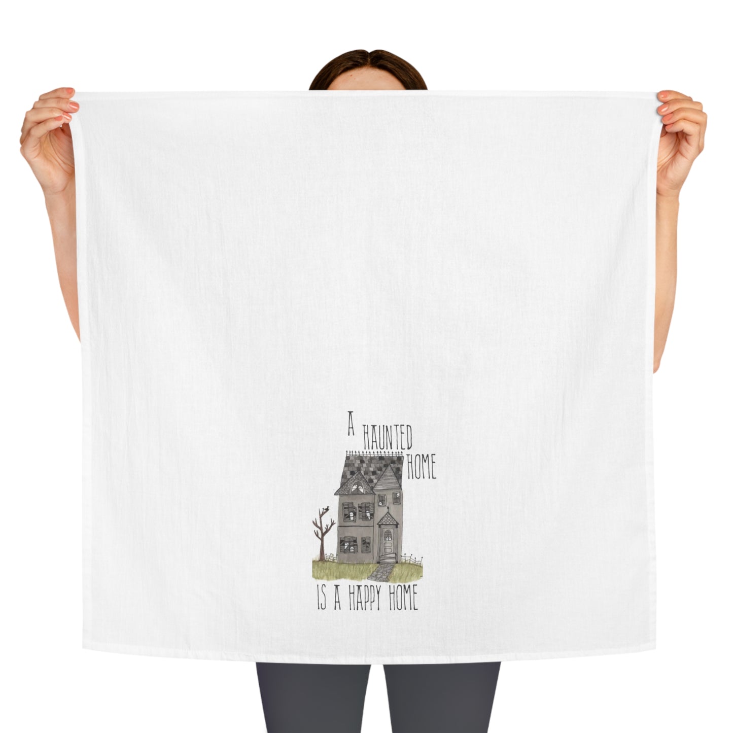 Watercolor "A Haunted Home is a Happy Home" Haunted House Tea Towel