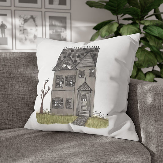 Halloween Watercolor Haunted House Square Poly Canvas Pillow Cover - Pillow Not Included -