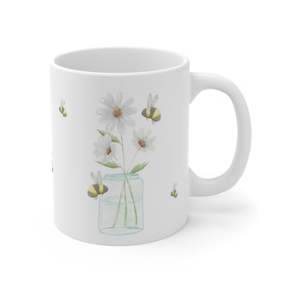 Watercolor Daisies and Bees Mug 11oz