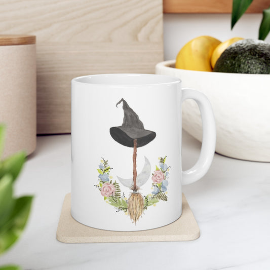 Watercolor Witchy Broomstick Ceramic Mug