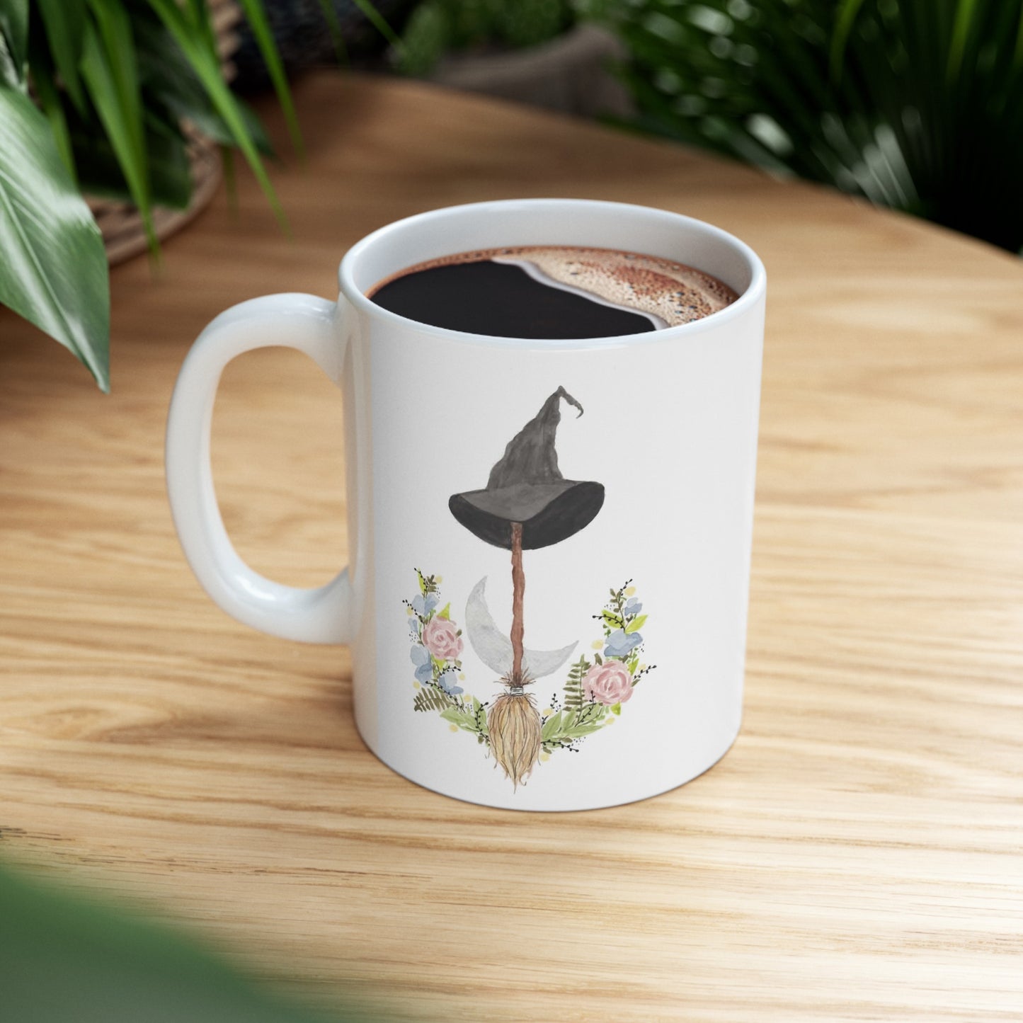 Watercolor Witchy Broomstick Ceramic Mug