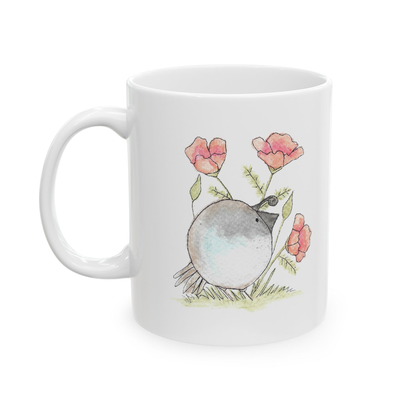 Watercolor California Quail and Poppies Ceramic Mug