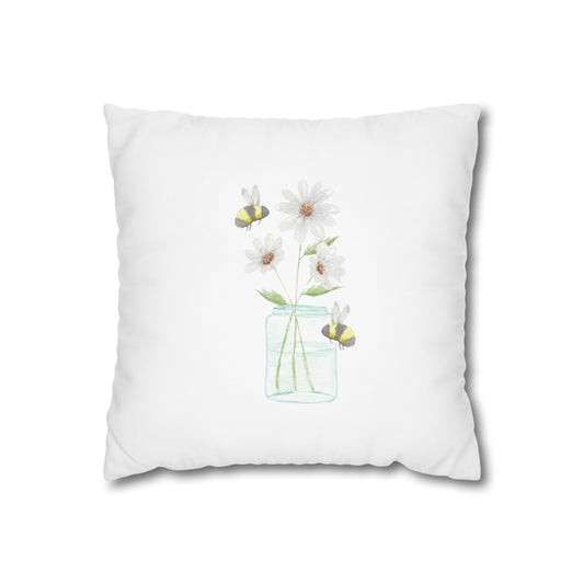 Watercolor Daisies and Bees Square Poly Canvas Pillowcase