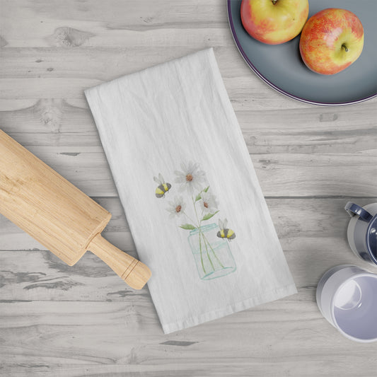 Watercolor Daisies and Bees Tea Towel