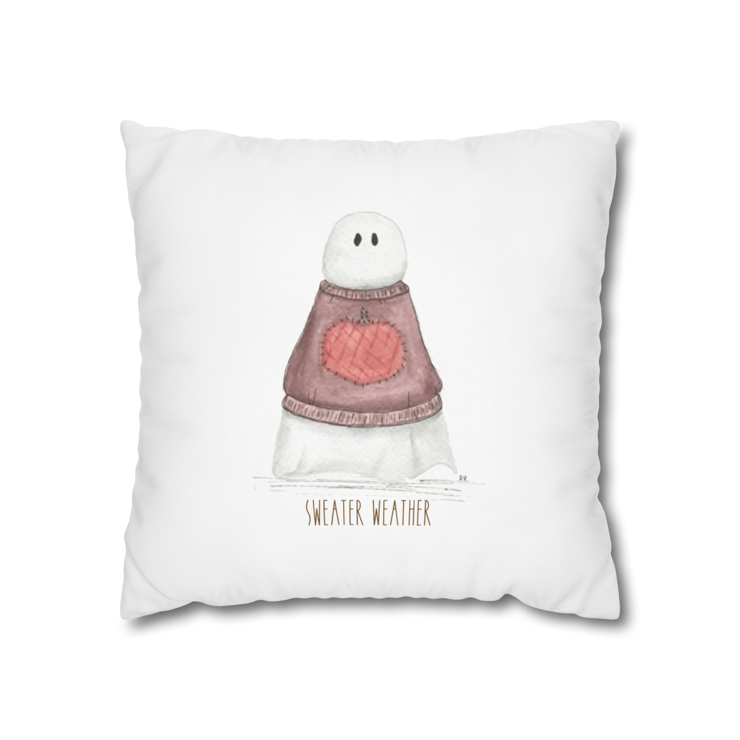 Fall Watercolor Sweater Weather Ghost Square Poly Canvas Pillow Cover - Pillow Not Included -