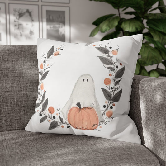 Halloween Watercolor Ghost Wreath Square Poly Canvas Pillow Cover - Pillow Not Included -