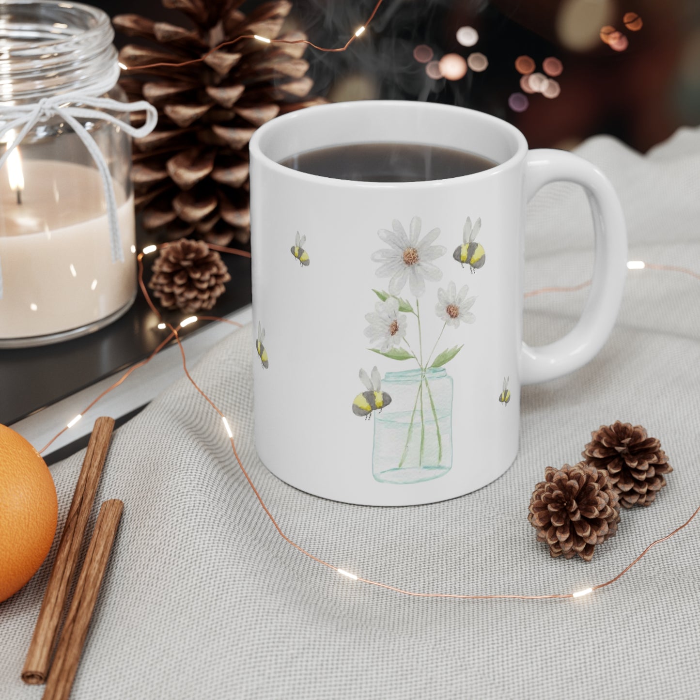 Watercolor Daisies and Bees Mug 11oz