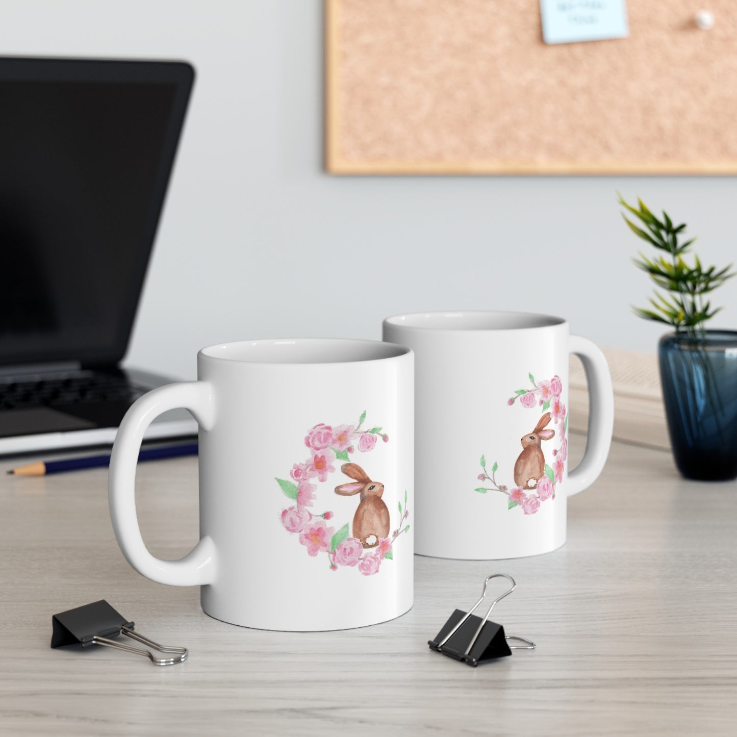 Watercolor Floral Moon with Rabbit Ceramic Mug